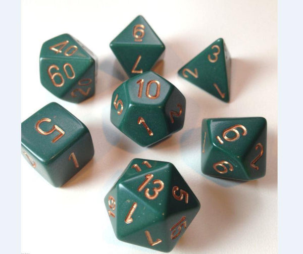 Dice:Polyhedral 7-Die Opaque Dice Set Green with Copper